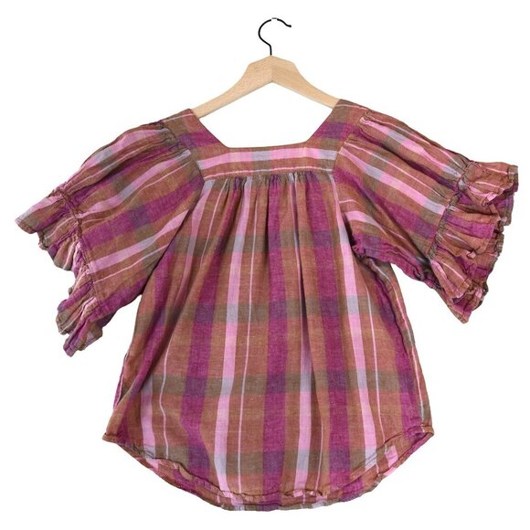 BeachLunchLounge Pink Brown Linen Blouse Square Neck Ruffle Sleeve Cottagecore - Picture 4 of 7
